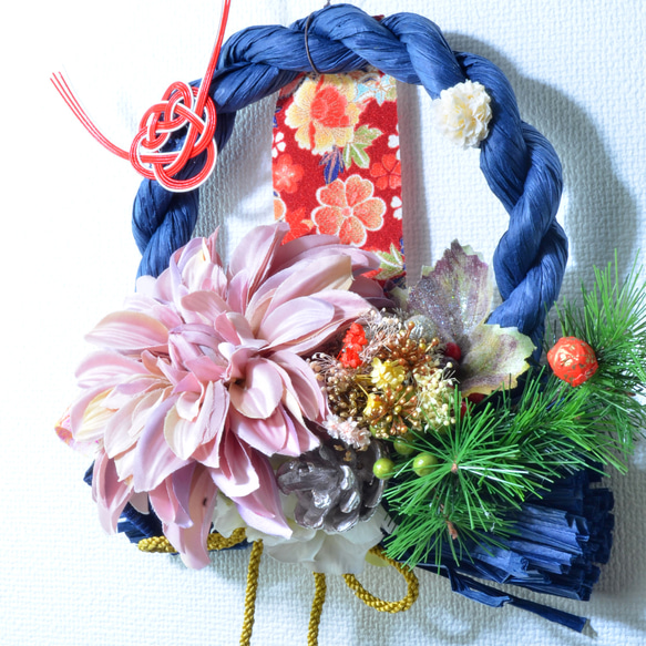 「幸せを呼ぶ」 お正月 しめ縄飾り おしゃれ 手作り ハンドメイド サークルブルー ０１ 2枚目の画像