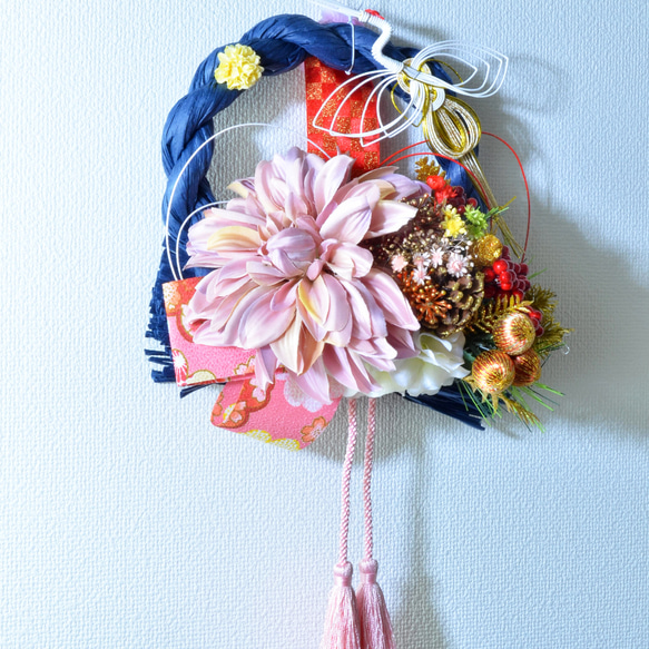 「幸せを呼ぶ」 お正月 しめ縄飾り おしゃれ 手作り ハンドメイド サークルブルー ０３ 3枚目の画像