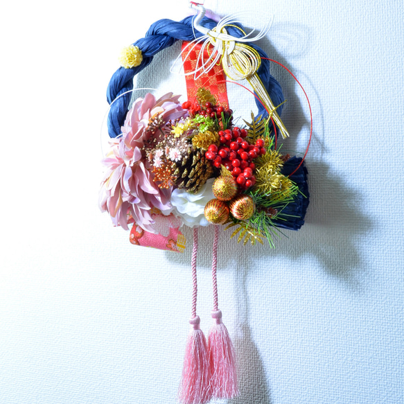 「幸せを呼ぶ」 お正月 しめ縄飾り おしゃれ 手作り ハンドメイド サークルブルー ０３ 4枚目の画像