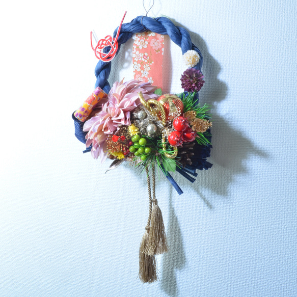 「幸せを呼ぶ」 お正月 しめ縄飾り おしゃれ 手作り ハンドメイド  サークルブルー ０４ 2枚目の画像