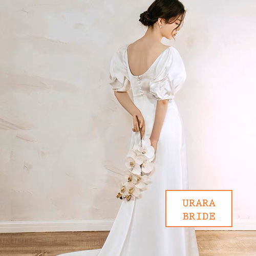 サテンソフト マーメイド パフスリーブ ウエディングドレス ドレス  