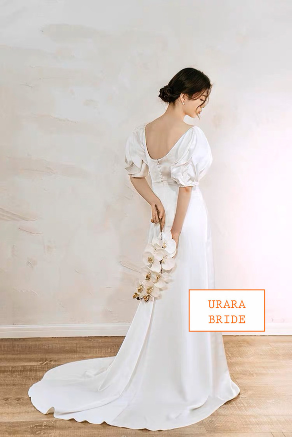 サテンソフト マーメイド パフスリーブ ウエディングドレス サテンソフト ウエディングドレス Q1905798969(14500円)