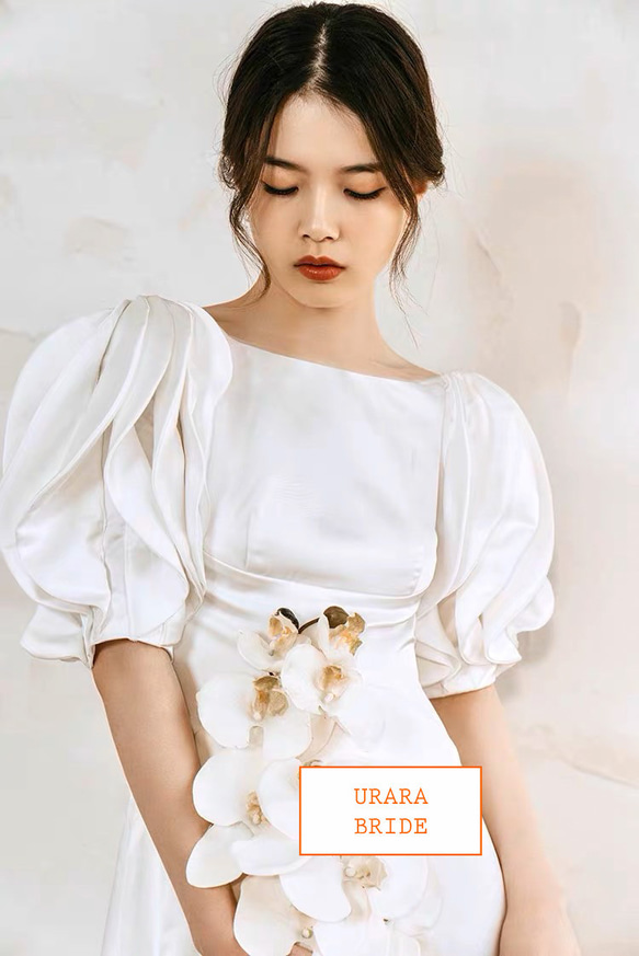 サテンソフト マーメイド パフスリーブ ウエディングドレス サテンソフト ウエディングドレス Q1905798969(14500円)