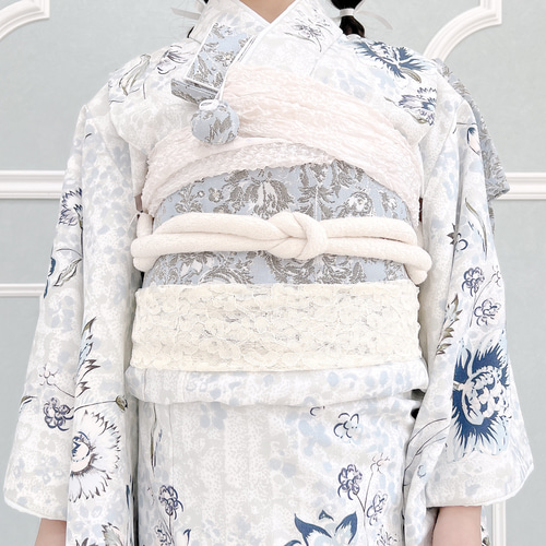 28:大人志古貴 しごき帯 コード総レースとゴールドとブルーグレーの