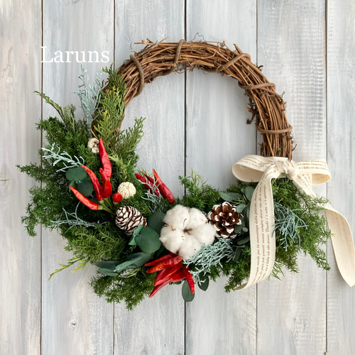 ボタニカルクリスマスリース ハーフムーンタイプ ピメント唐辛子と