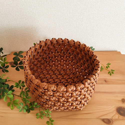 受注制作】花結び編み❀かごバスケット（深型）エコ クラフト