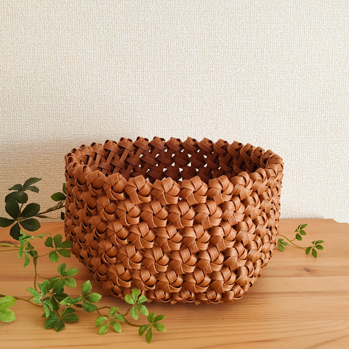 花結び編み❀かご小物入れ［モカ色］エコ クラフトバンド・お