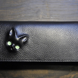 黒猫の長財布（表革：VACCHETTA800、仮セット猫目：モスグリーンeyes）約241ｇ 猫目選べます♪ 2枚目の画像