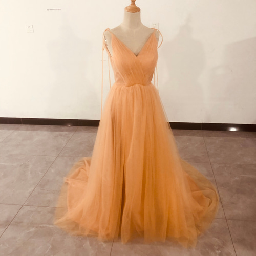高品質！ オレンジ Vネックドレス Aライン ノースリーブ 背中見せ  