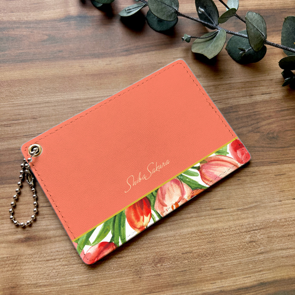 チューリップのパスケース（コーラルピンク） チューリップ 春 花 定期入れ カードケース 1枚目の画像