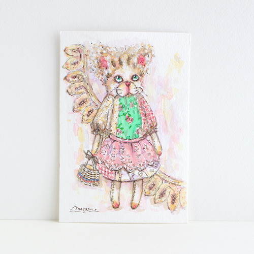 水彩画イラスト「キジトラ白猫のぬいぐるみ ドールタイプ」原画