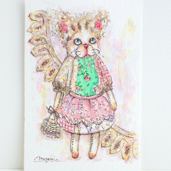 水彩画イラスト「キジトラ白猫のぬいぐるみ ドールタイプ」原画