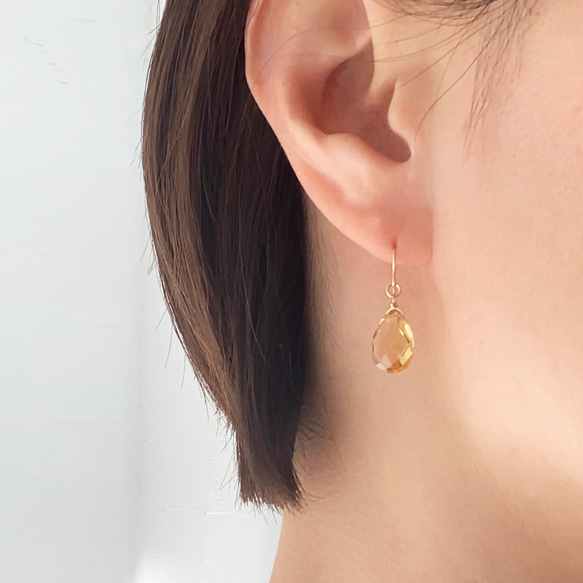 十一月生日石，黃水晶（寶石品質，水滴形切割）耳環 (K14GF) 第3張的照片