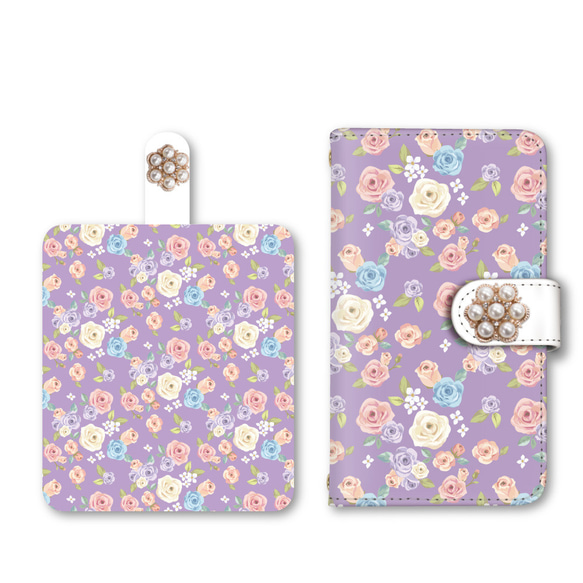 受注制作 薔薇 花柄 ビジュー スマホケース 手帳型ケース iPhoneケース 携帯ケース ミラー カード収納ポケット 2枚目の画像