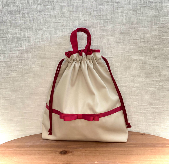 入園入学グッズ 赤リボンの巾着袋(お着替え袋) レッスンバッグ kzrin