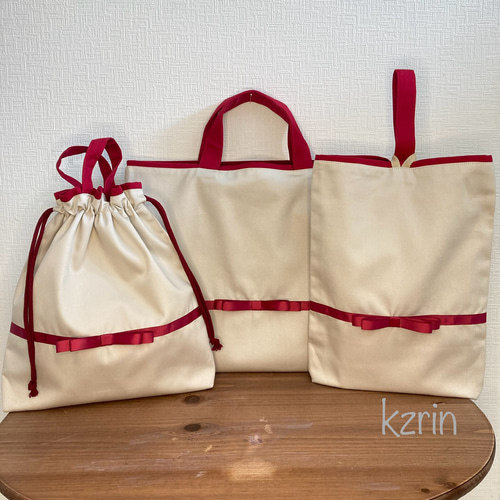 入園入学グッズ 赤リボンの巾着袋(お着替え袋) レッスンバッグ kzrin