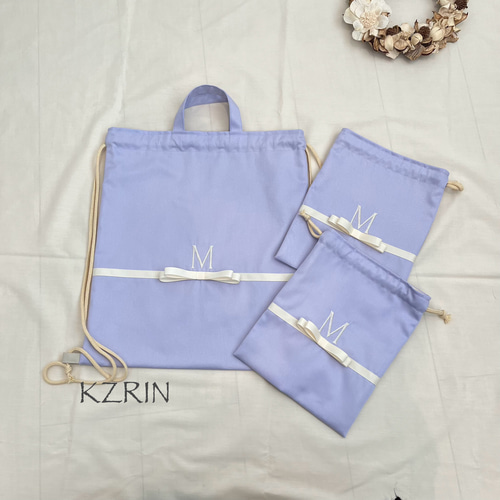 入園入学グッズ パープル&アイボリーリボンのレッスンバッグ&上履き