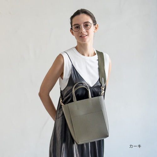 本革 2way ショルダーバッグ 縦長トート ゴールド金具 カーキ HAYNI