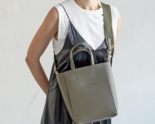 本革 2way ショルダーバッグ 縦長トート ゴールド金具 カーキ HAYNI