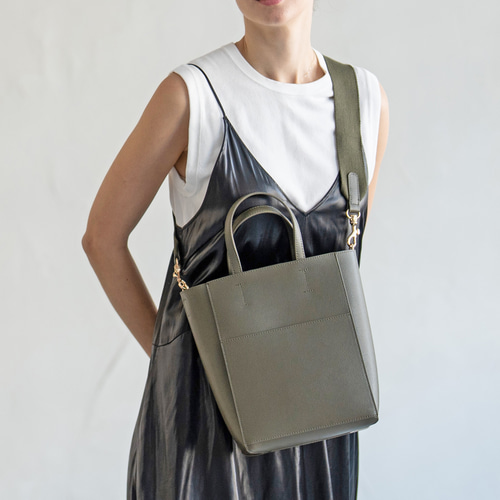 本革 2way ショルダーバッグ 縦長トート ゴールド金具 カーキ HAYNI