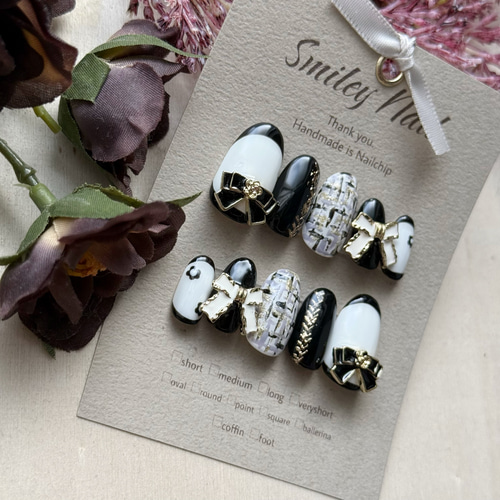 238》ツイード ネイルチップ 冬 白 黒リボン フレンチ ネイルチップ