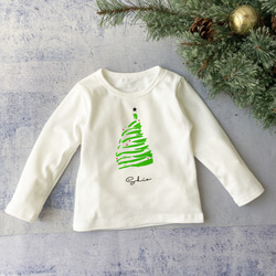 聖誕酥皮樹蓬鬆兒童 T 卹，長袖，刻名字，尺寸 80-120，聖誕節搭配 第1張的照片