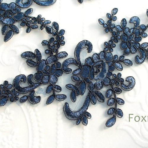チュールコード刺繍レースモチーフ 1対 花 ネイビー