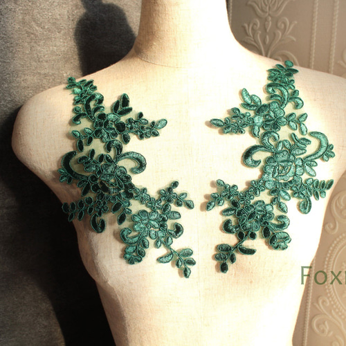 チュールコード刺繍レースモチーフ 1対 花 緑 (MFLB52GREJJL チュールコード刺繍レースモチーフ 1対 花 緑 (MFLB52GREJJL