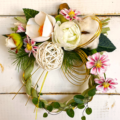 お正月飾り 白椿と小花 しめ縄・しめ飾り puanoah 通販 14937217  