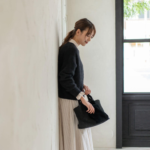 もこもこ ファーバッグ ボアトート 軽量 アイボリー×グレージュ 舟形