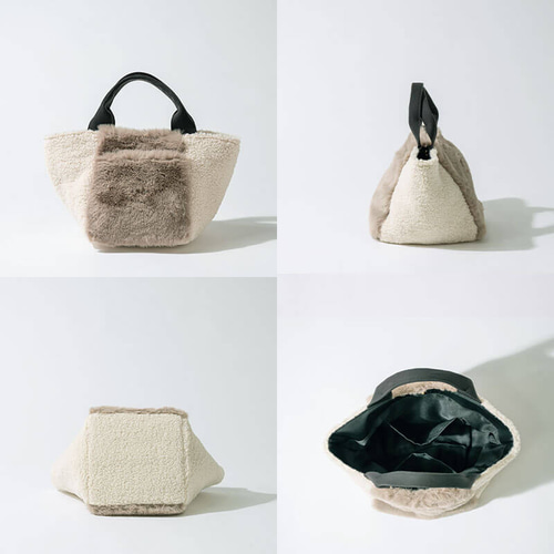 もこもこ ファーバッグ ボアトート 軽量 アイボリー×グレージュ 舟形