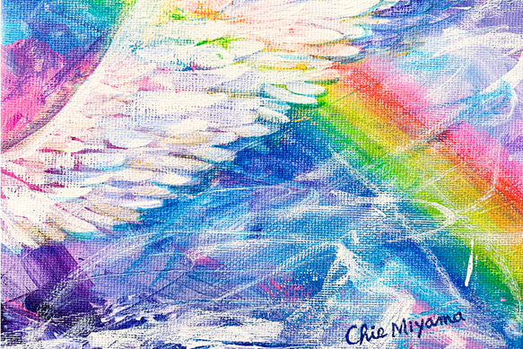 【受注制作】原画　翼 　ツバサ　 羽　空　虹　rainbow　ゴールド　おしゃれ　モダンアート 現代アート SMサイズ 4枚目の画像