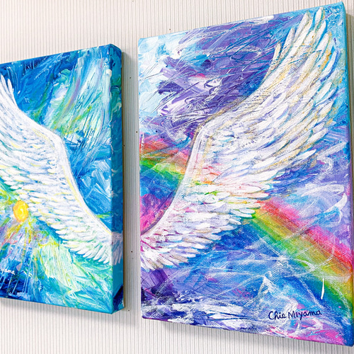 受注制作】原画 翼 ツバサ 羽 空 虹 rainbow ゴールド おしゃれ