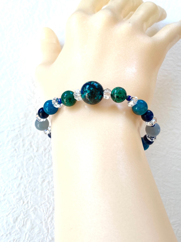 【碧き星の平和の誓い◆争いごとから無縁の日々へ〜地球を思わせる大玉クリソコラ】ラピスラズリ　エンジェライト　アパタイト　 6枚目の画像