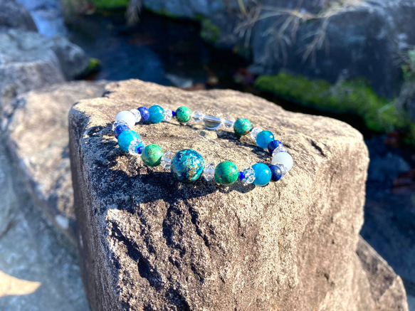 【碧き星の平和の誓い◆争いごとから無縁の日々へ〜地球を思わせる大玉クリソコラ】ラピスラズリ　エンジェライト　アパタイト　 2枚目の画像