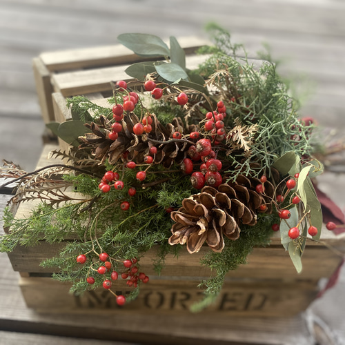 コットンと赤い実のクリスマススワッグガーランド ローゼル 野バラの実