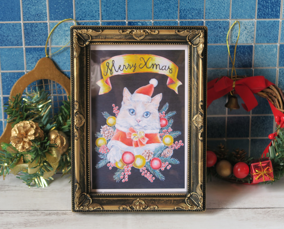 フレーム付きポストカード　クリスマスにゃんこ黒フレーム　チョークアートを撮影して印刷したポストカードです 1枚目の画像