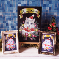 フレーム付きポストカード　クリスマスにゃんこ黒フレーム　チョークアートを撮影して印刷したポストカードです 3枚目の画像