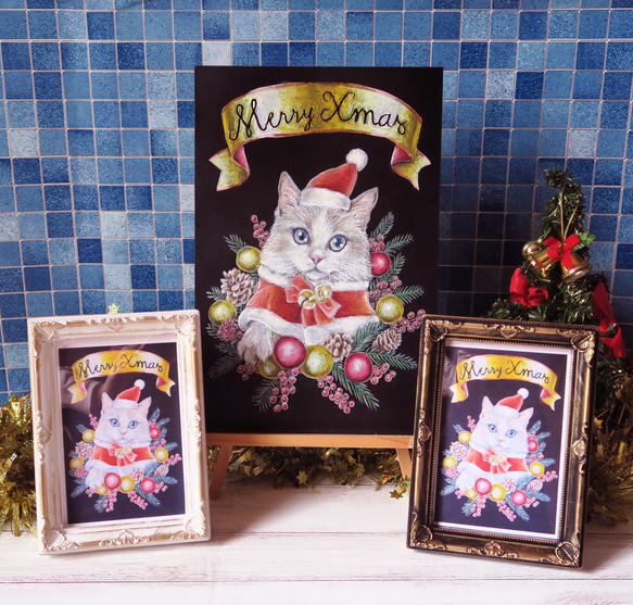 フレーム付きポストカード　クリスマスにゃんこ黒フレーム　チョークアートを撮影して印刷したポストカードです 3枚目の画像