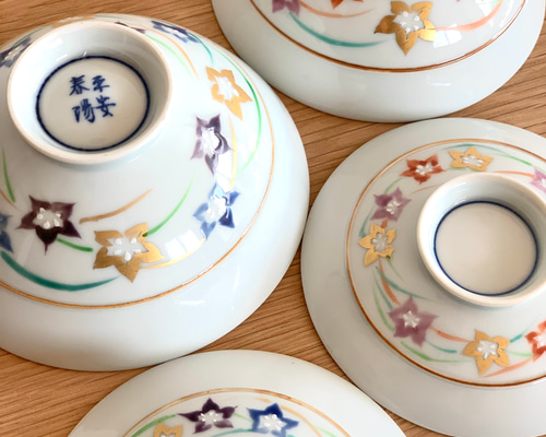 京焼・清水焼】京都 水野春陽窯 色絵 桔梗 蓋付き夫婦飯碗 飯碗