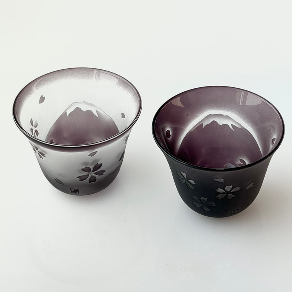 [木盒裝] 訂製～櫻花、富士玻璃～紫色一對 Ochoco Guinomi（江戶玻璃） 第3張的照片