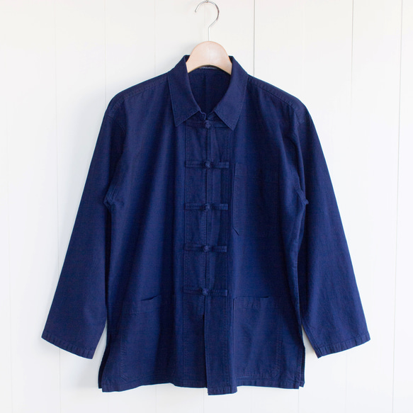 襟付きシャツジャケット　タイ藍染め木綿服　M'sデザイン スアモーホーム　長袖シャツ 5枚目の画像