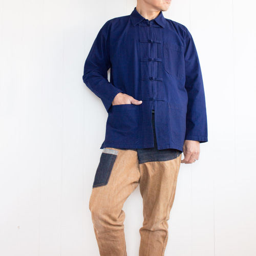 うさとの服　藍染め　襟つき長袖ジャケット 襟付きシャツジャケット タイ藍染め木綿服 M'sデザイン スアモーホーム