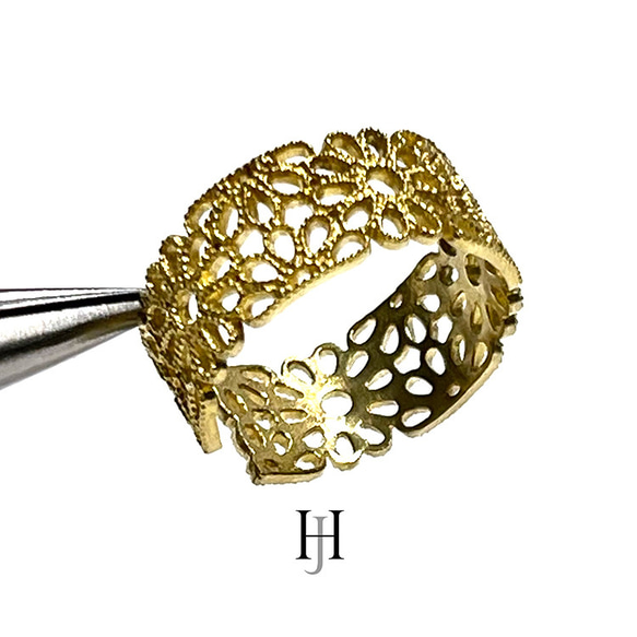 K18 大ぶり透かしデザインリング K18 透かし コンビネーション デザイン リング YG WG 地金 指輪 18金