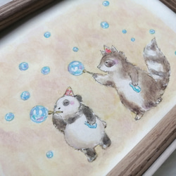 『シャボン玉』パンダとアライグマ 原画/額付き/オリジナルイラスト/水彩画/ハガキサイズ 2枚目の画像