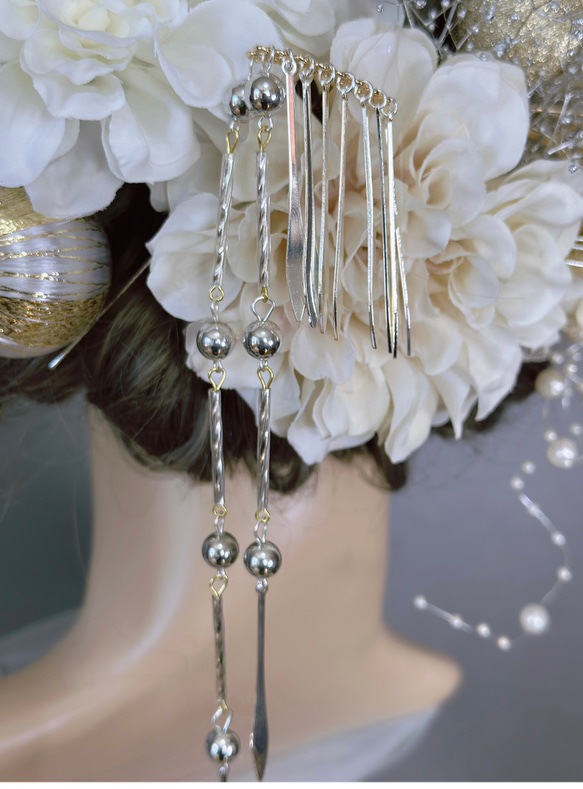 【豪華】 髪飾り 成人式髪飾り 卒業式髪飾り 簪付き 水引 白 金 銀 ベージュ 7枚目の画像