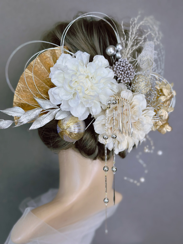 【豪華】 髪飾り 成人式髪飾り 卒業式髪飾り 簪付き 水引 白 金 銀 ベージュ 5枚目の画像