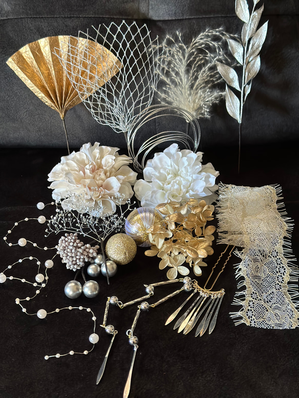 【豪華】 髪飾り 成人式髪飾り 卒業式髪飾り 簪付き 水引 白 金 銀 ベージュ 9枚目の画像