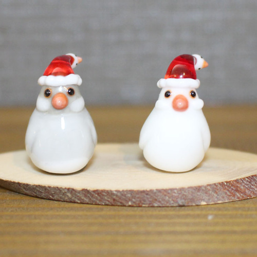 文鳥ペアのクリスマス シルバー文鳥&白文鳥 ガラス その他置物 ガラス