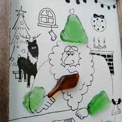 シーグラスアート「チキン」　ミニ額　イラスト　クリスマスツリー　クリスマス　サンタクロース　プレゼント　チキン　トナカイ 3枚目の画像